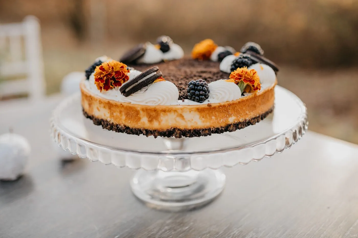 Oreo cheesecake with edible flowers